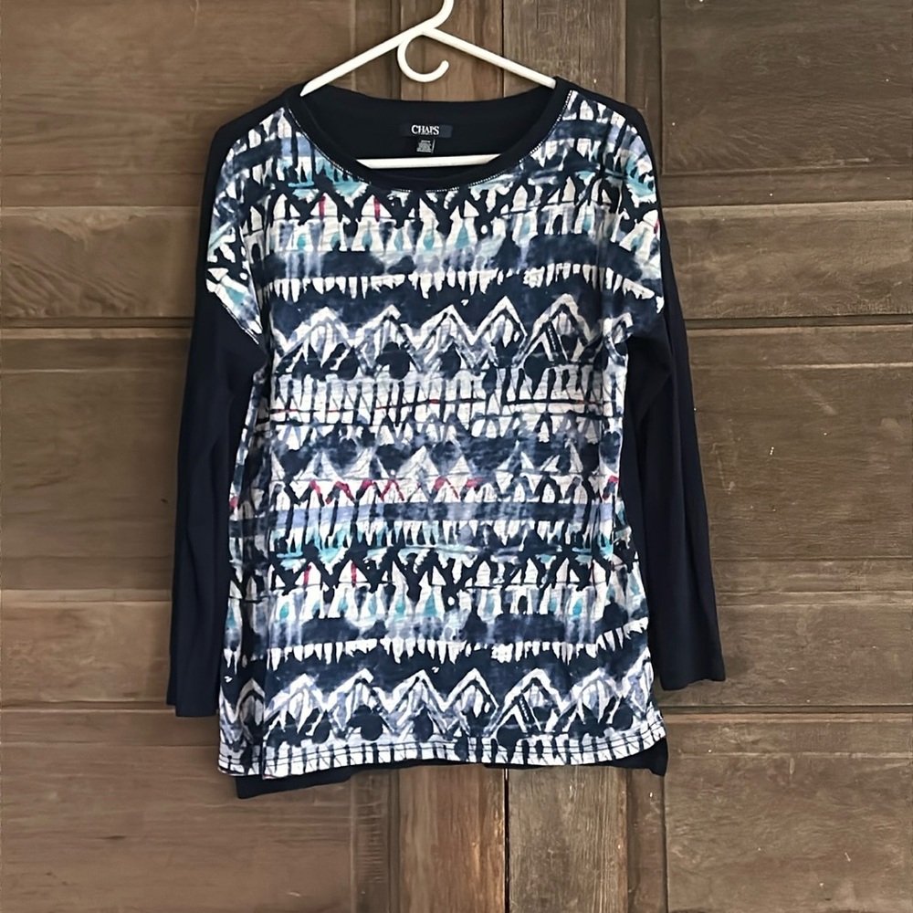 Chaps Medium Woman’s Top Long Sleeves Blue White Geometric Solid‎ Blue Back